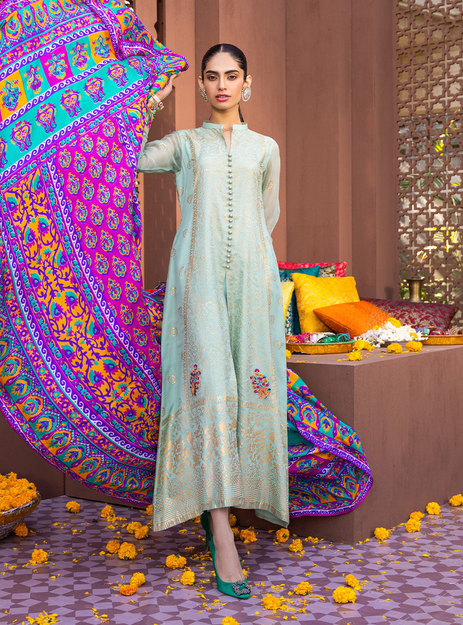 Pastel Mint Block Print Chiffon Salwar Kameez (3-Piece) - Image 1