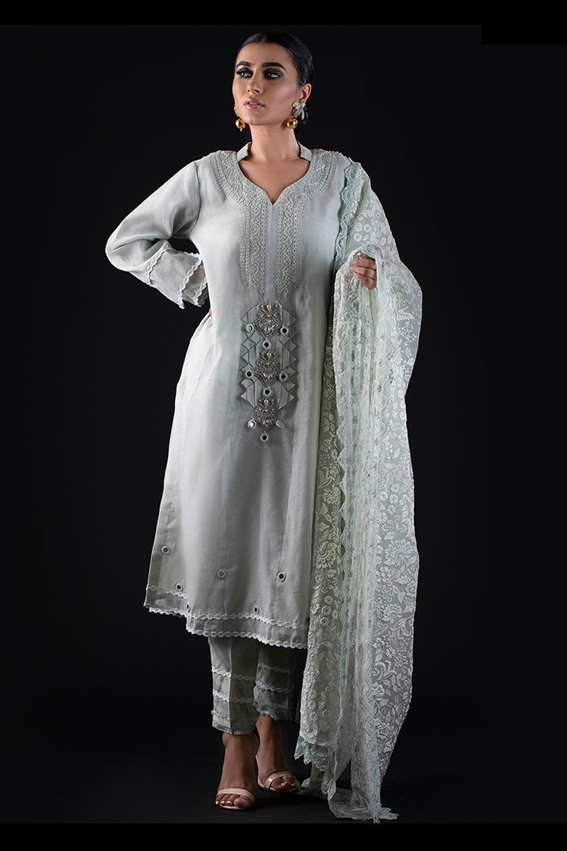 Pakistani Pale Mint Embroidered Cotton Organza Salwar Kameez (3-Piece) - Image 1