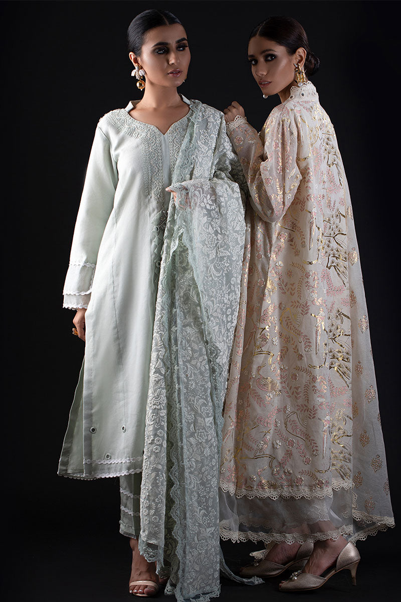 Pakistani Pale Mint Embroidered Cotton Organza Salwar Kameez (3-Piece) - Image 3