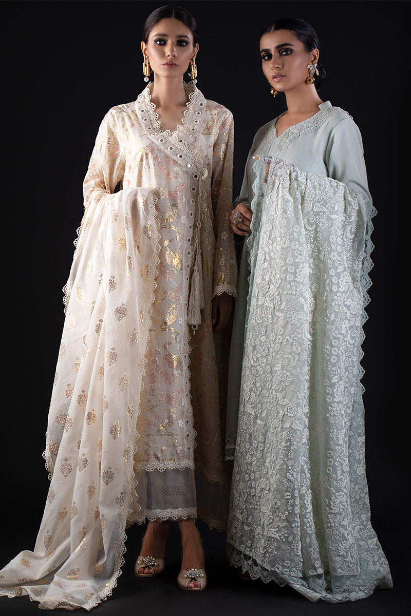 Pakistani Pale Mint Embroidered Cotton Organza Salwar Kameez (3-Piece) - Image 4