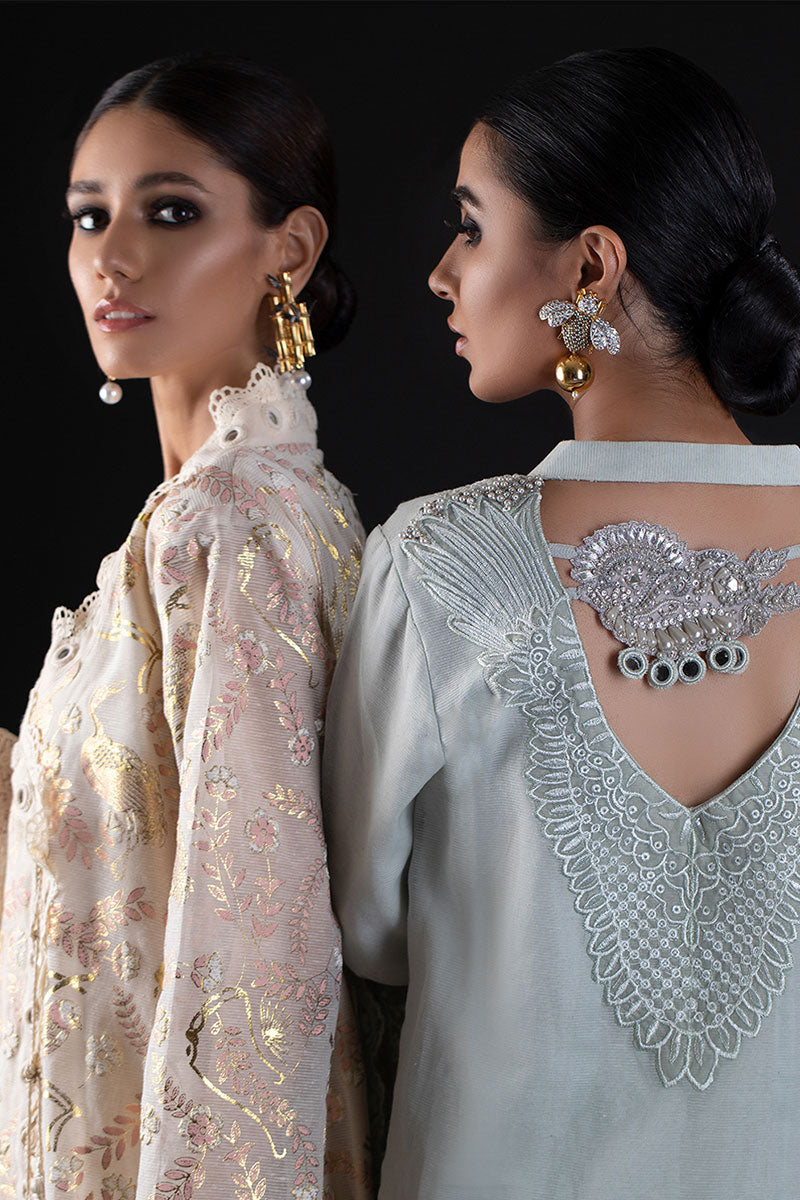 Pakistani Pale Mint Embroidered Cotton Organza Salwar Kameez (3-Piece) - Image 5