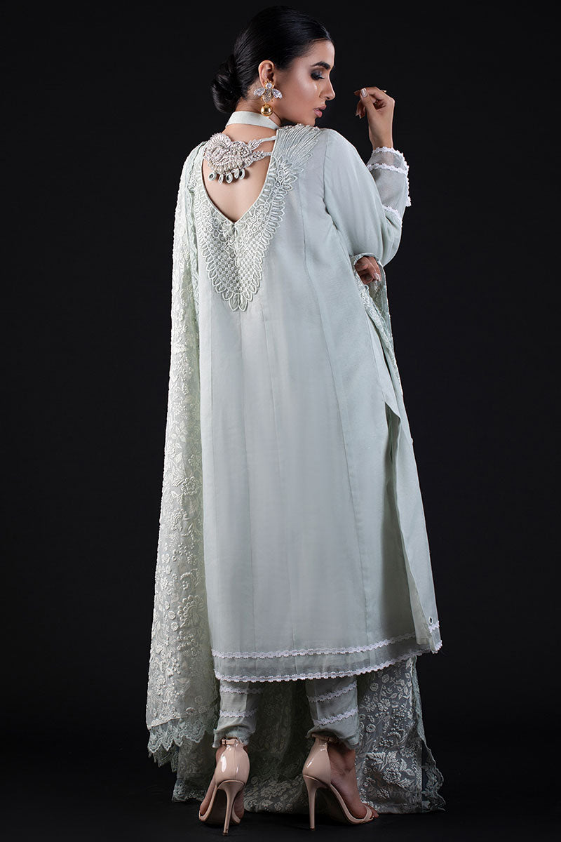 Pakistani Pale Mint Embroidered Cotton Organza Salwar Kameez (3-Piece) - Image 7