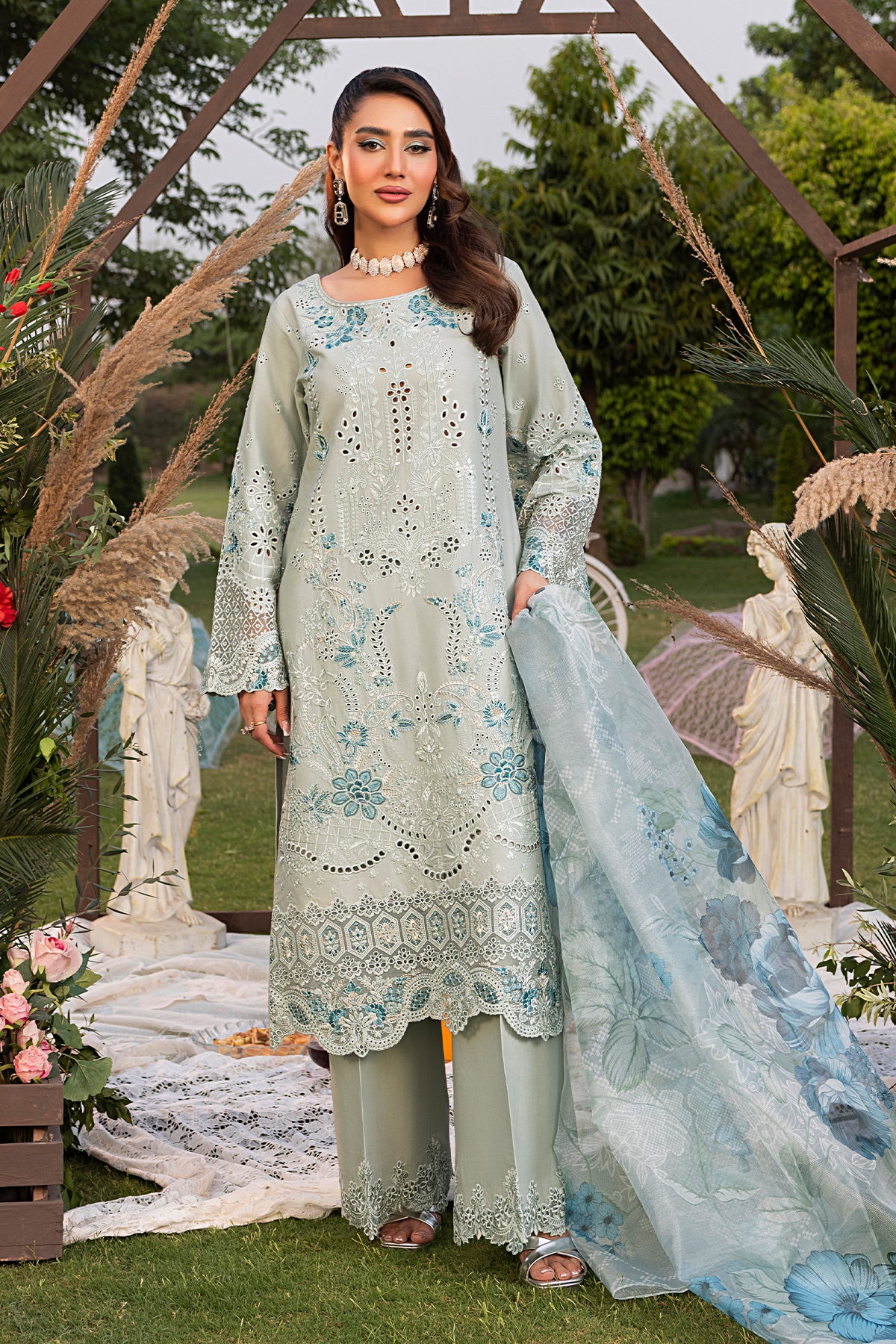 Mint Embroidered Cotton Salwar Kameez (3-Piece) - Image 1