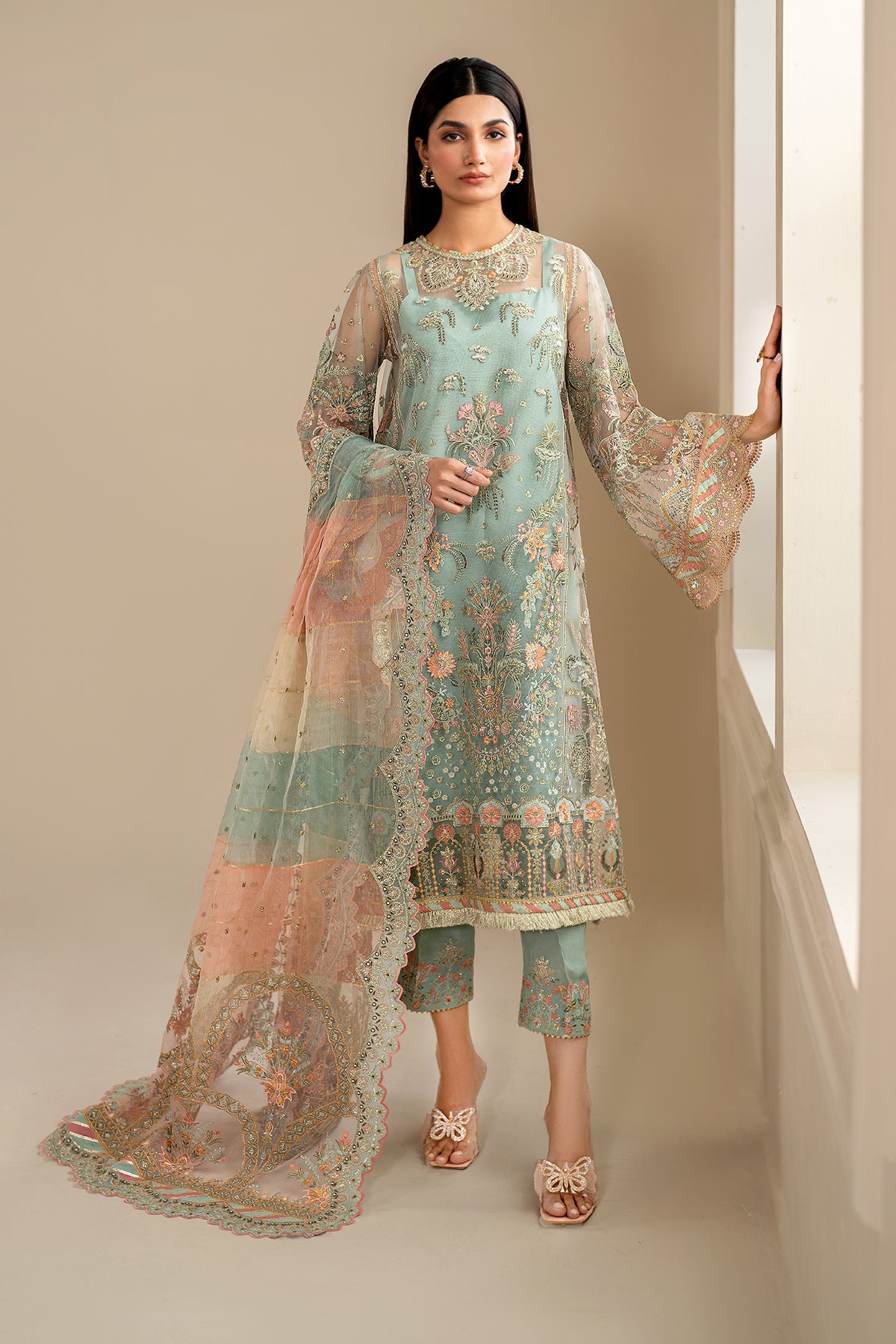 Pakistani Pastel Mint Embroidered Net Salwar Kameez (3-Piece) - Image 1