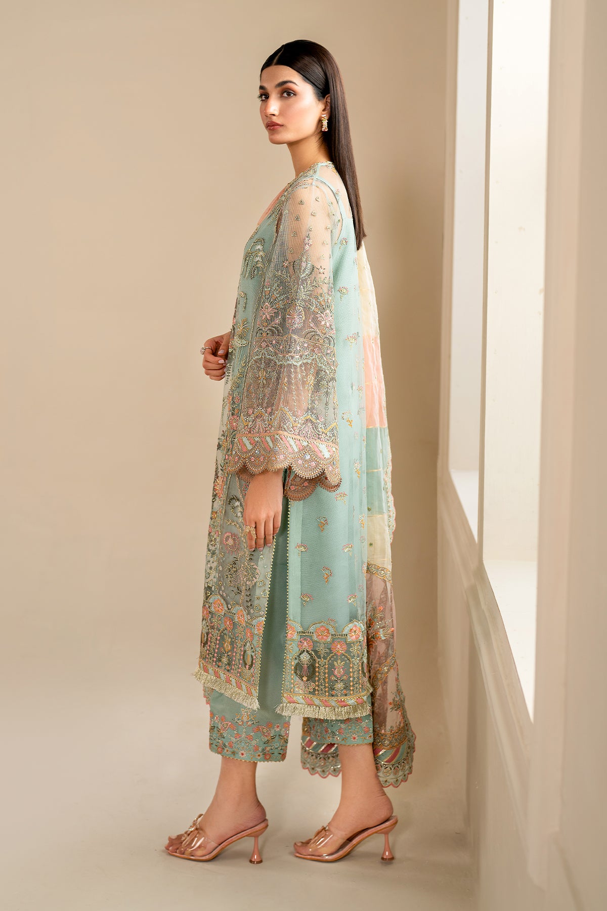 Pakistani Pastel Mint Embroidered Net Salwar Kameez (3-Piece) - Image 3