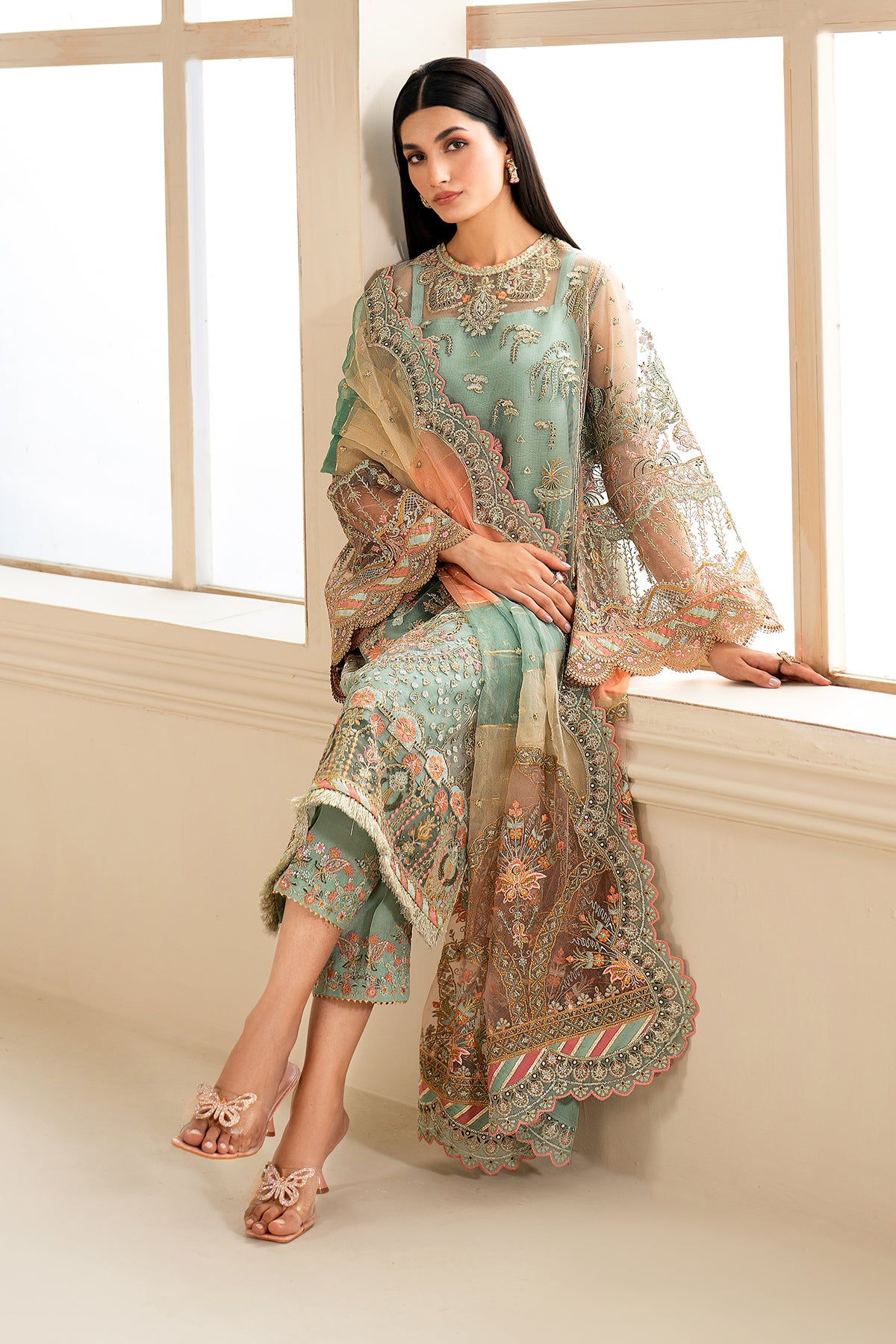 Pakistani Pastel Mint Embroidered Net Salwar Kameez (3-Piece) - Image 5