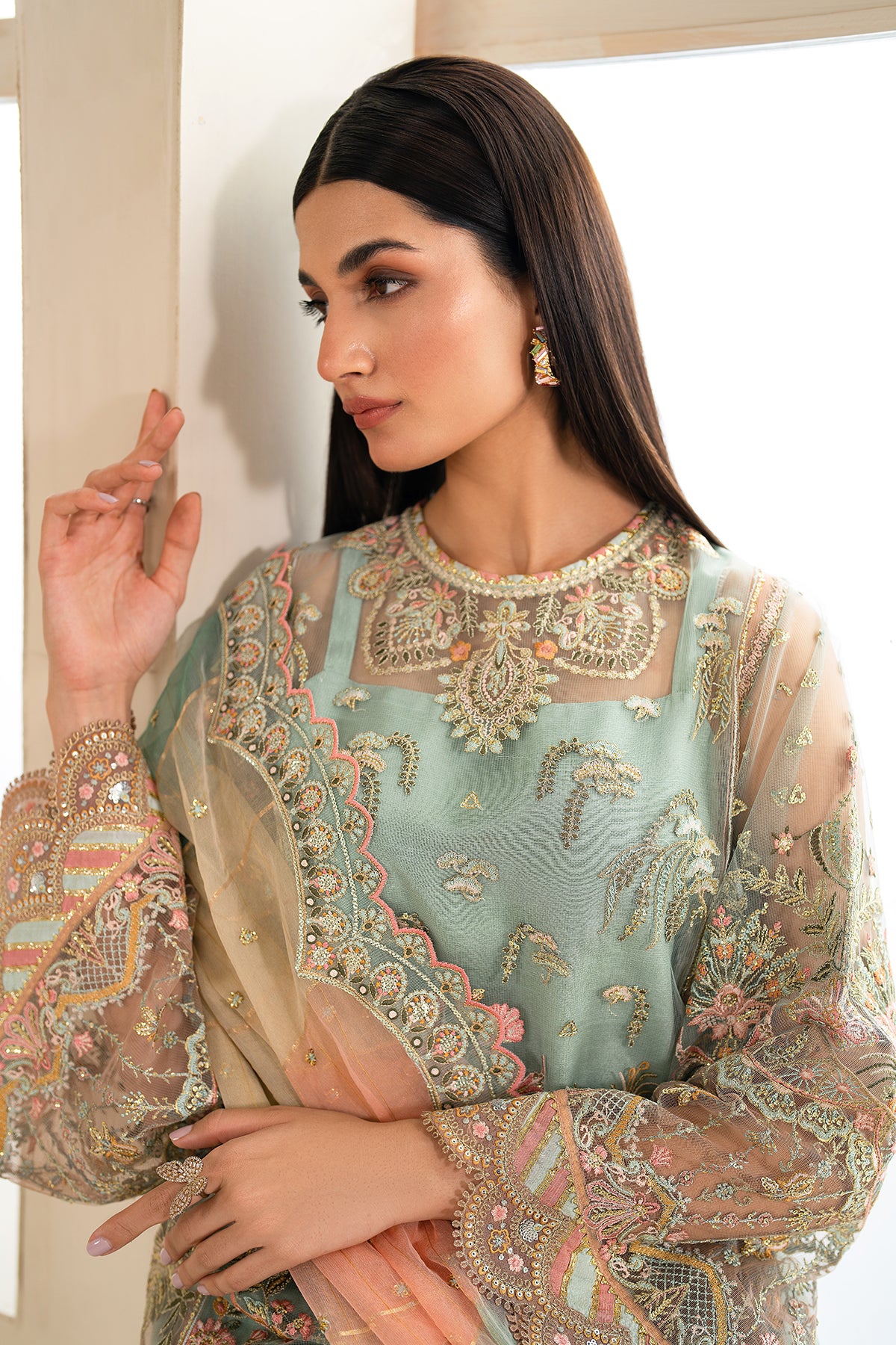 Pakistani Pastel Mint Embroidered Net Salwar Kameez (3-Piece) - Image 6
