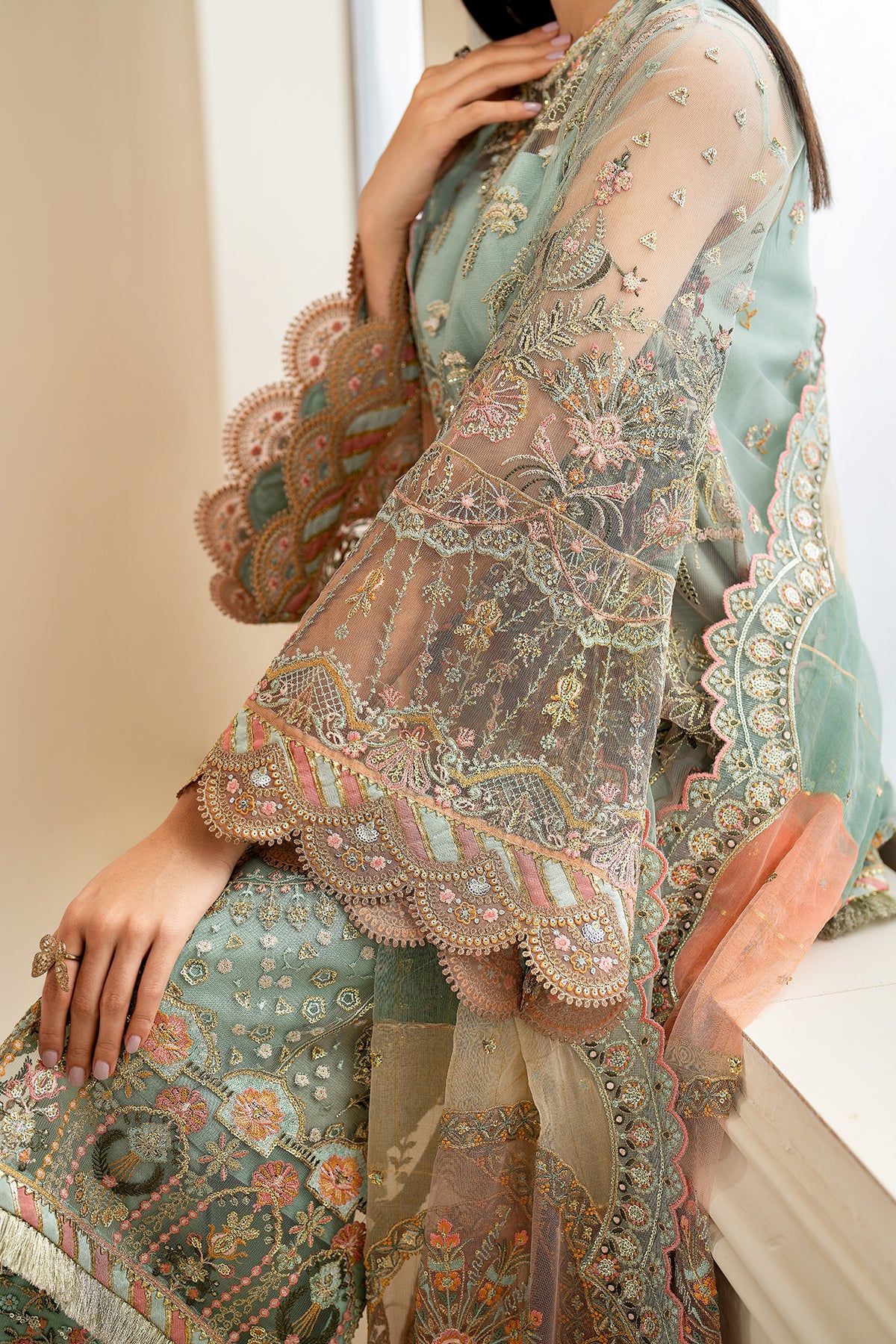 Pakistani Pastel Mint Embroidered Net Salwar Kameez (3-Piece) - Image 7