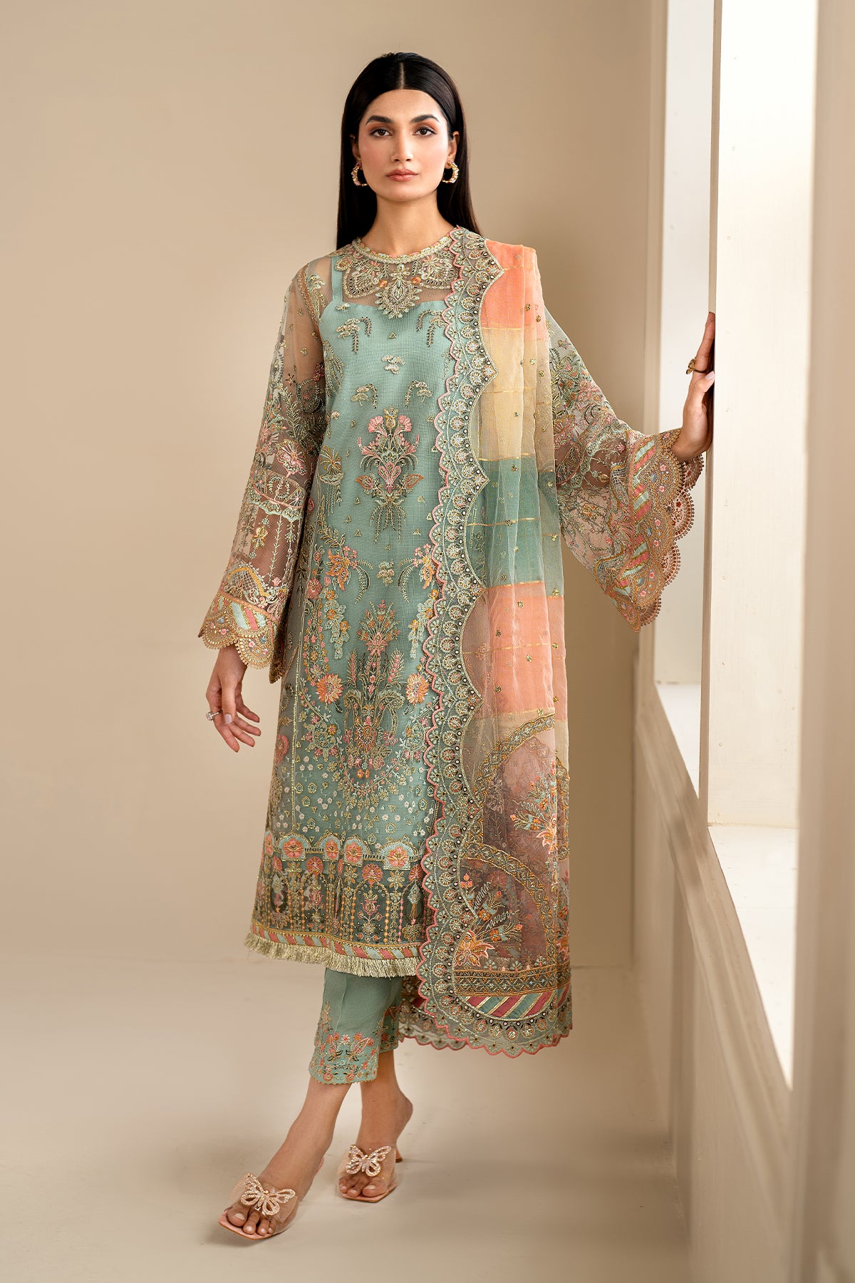 Pakistani Pastel Mint Embroidered Net Salwar Kameez (3-Piece) - Image 8
