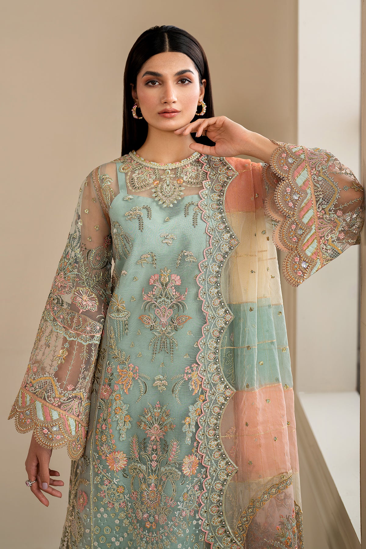 Pakistani Pastel Mint Embroidered Net Salwar Kameez (3-Piece) - Image 9