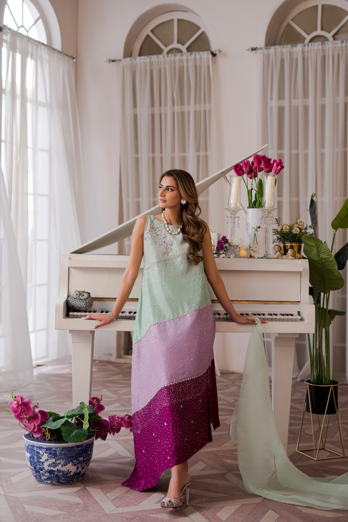 Mint Lilac Magenta Embellished Raw Silk Salwar Kameez (3-Piece) - Image 1