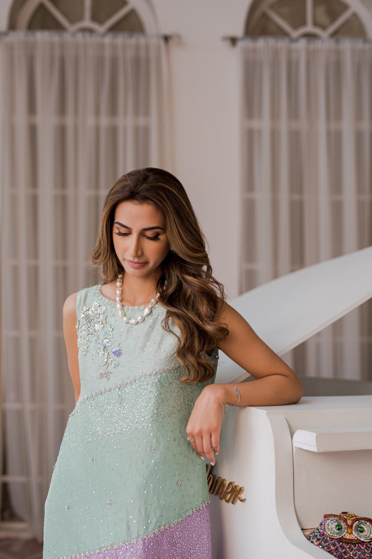 Mint Lilac Magenta Embellished Raw Silk Salwar Kameez (3-Piece) - Image 5