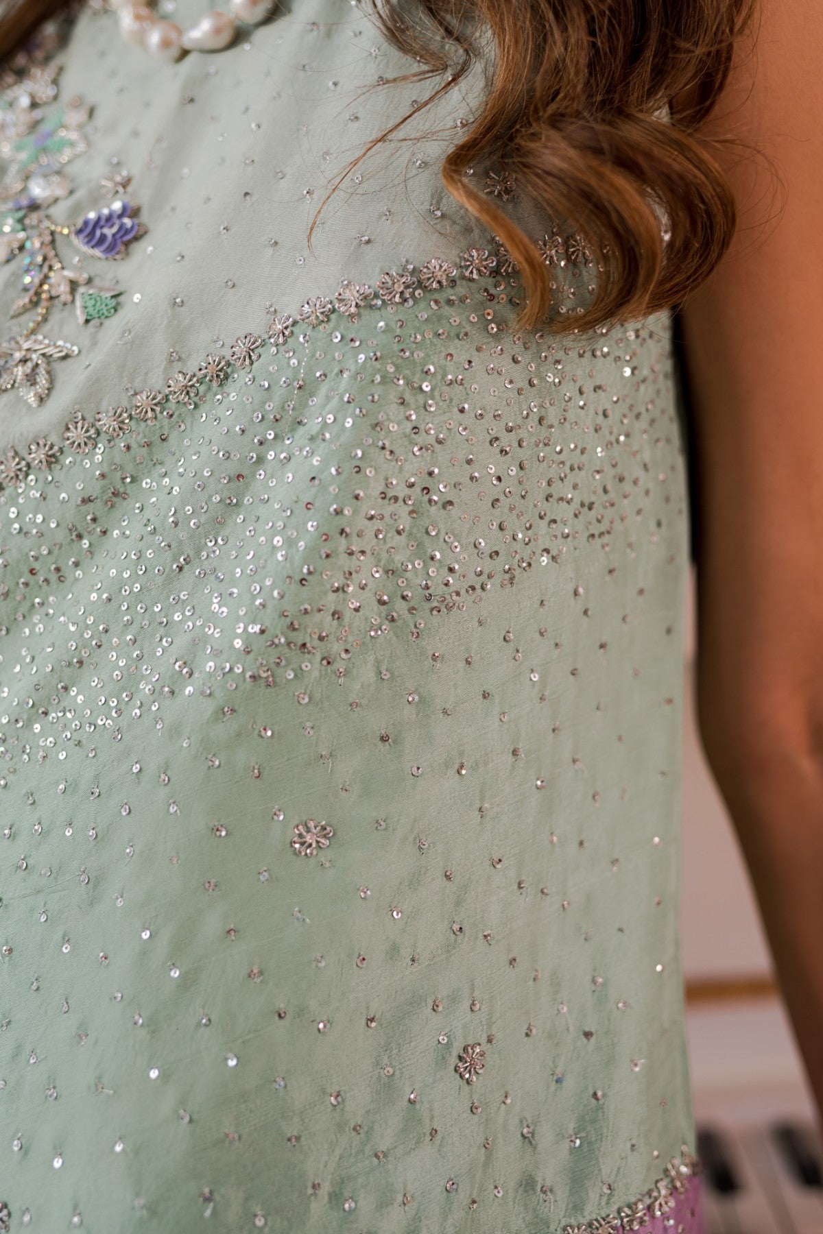 Mint Lilac Magenta Embellished Raw Silk Salwar Kameez (3-Piece) - Image 7