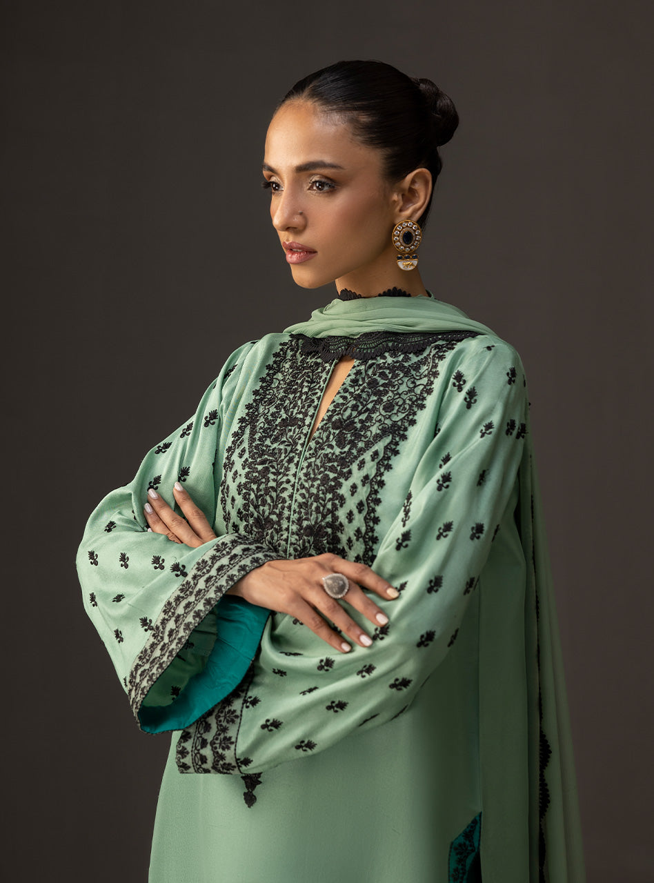 Pakistani Mint to Turquoise Embroidered Raw Silk Salwar Kameez (3-Piece) - Image 4