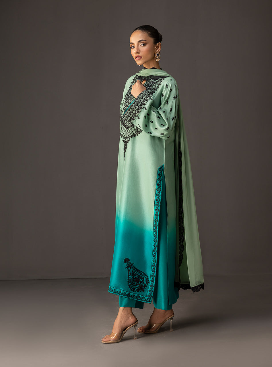 Pakistani Mint to Turquoise Embroidered Raw Silk Salwar Kameez (3-Piece) - Image 5