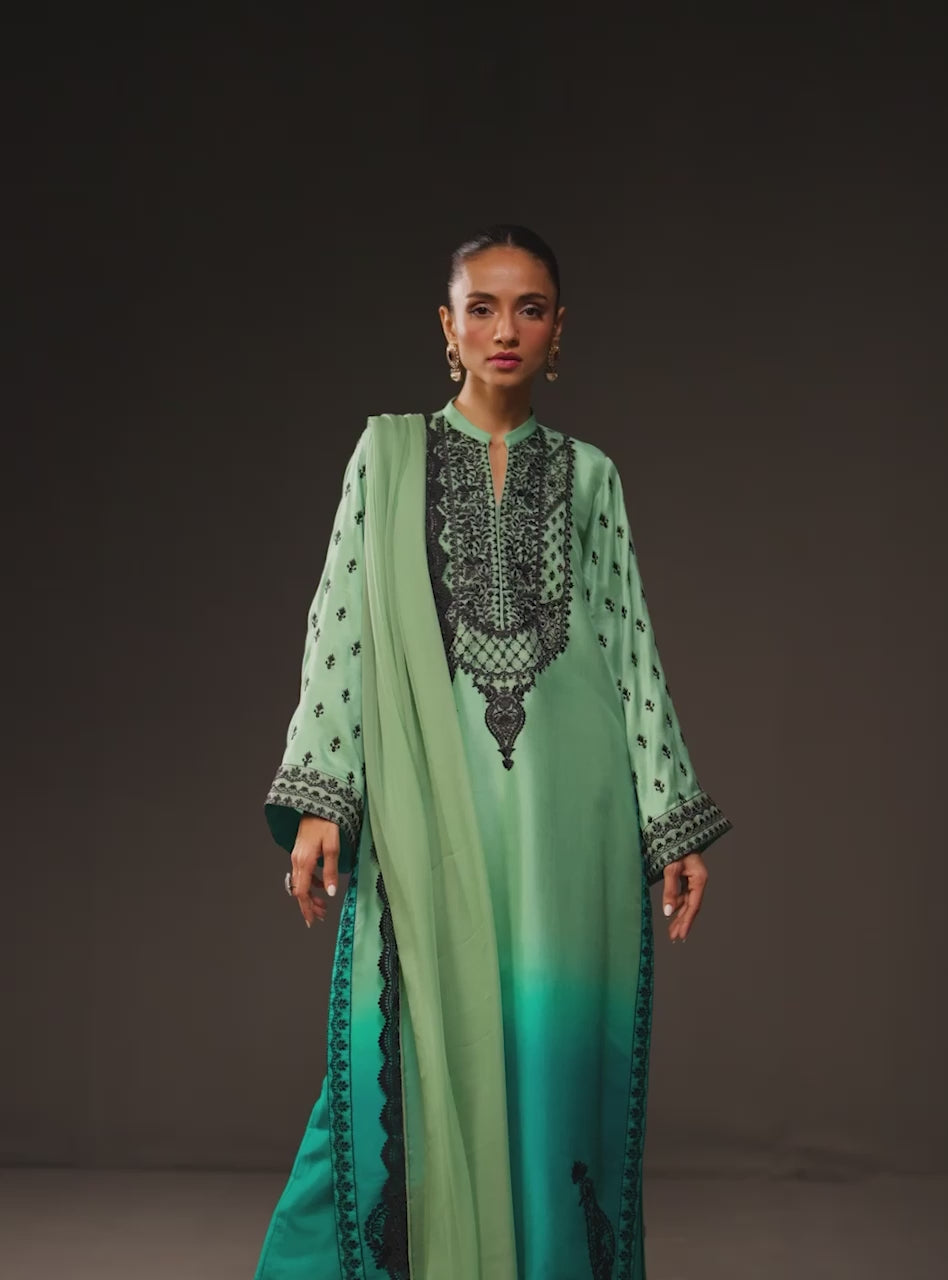 Pakistani Mint to Turquoise Embroidered Raw Silk Salwar Kameez (3-Piece) - Image 8