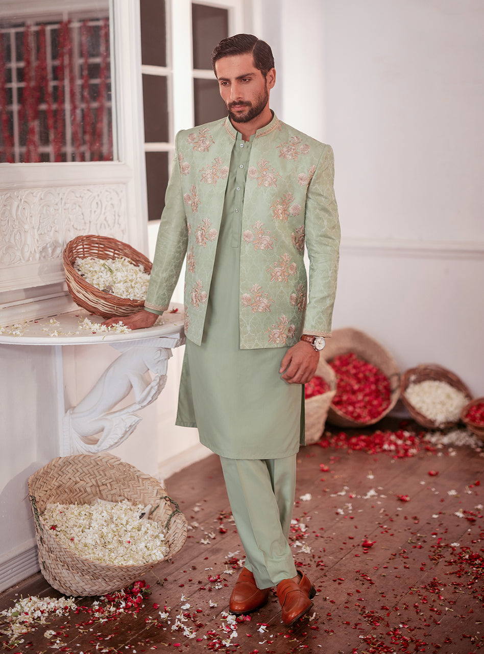 Mint Embroidered Jamawar Waistcoat Kurta (3-Piece) - Image 3