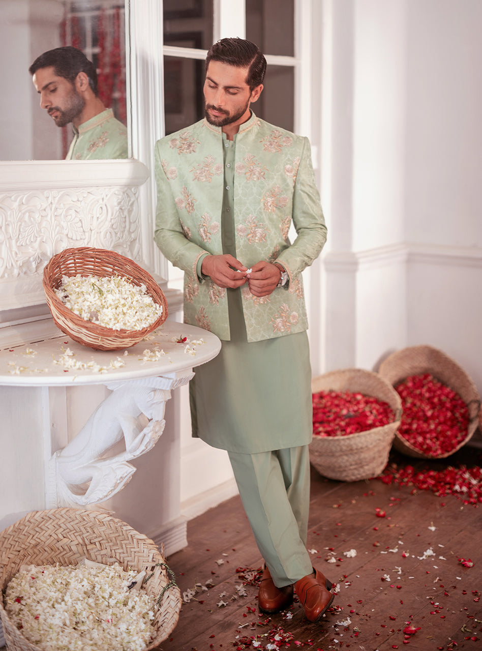 Mint Embroidered Jamawar Waistcoat Kurta (3-Piece) - Image 5