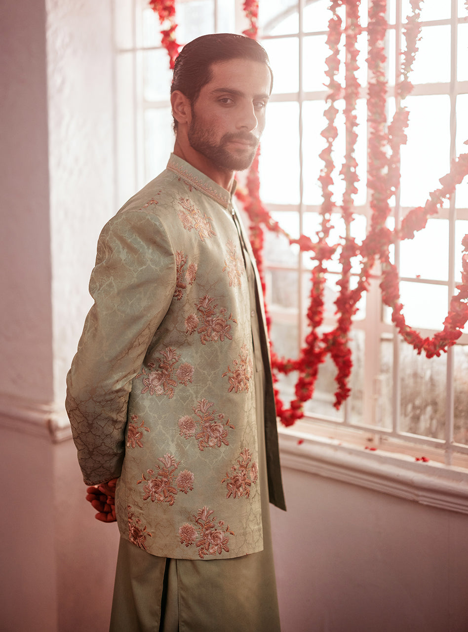 Mint Embroidered Jamawar Waistcoat Kurta (3-Piece) - Image 6