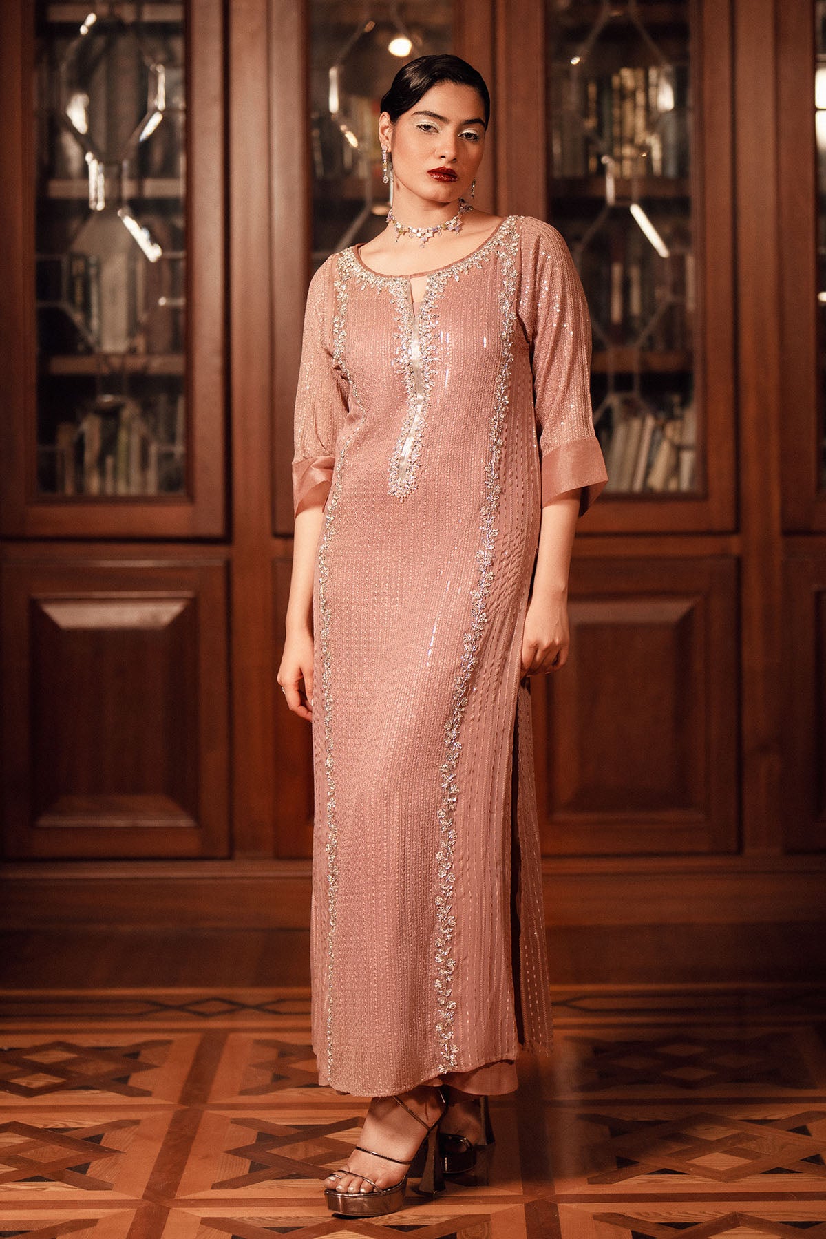 Pakistani Mocha Mousse Embellished Sequin Chiffon Salwar Kameez (2-Piece) - Image 1