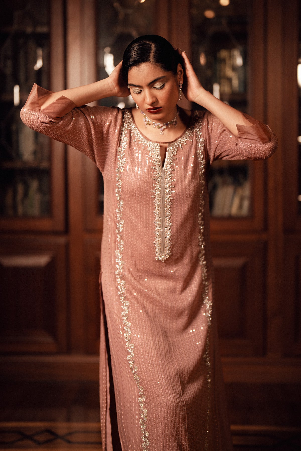 Pakistani Mocha Mousse Embellished Sequin Chiffon Salwar Kameez (2-Piece) - Image 2