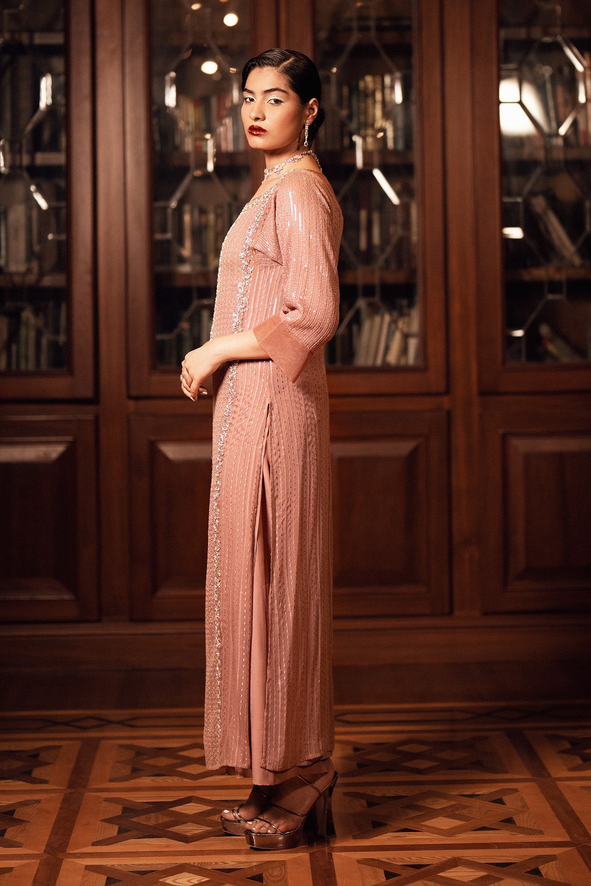 Pakistani Mocha Mousse Embellished Sequin Chiffon Salwar Kameez (2-Piece) - Image 3