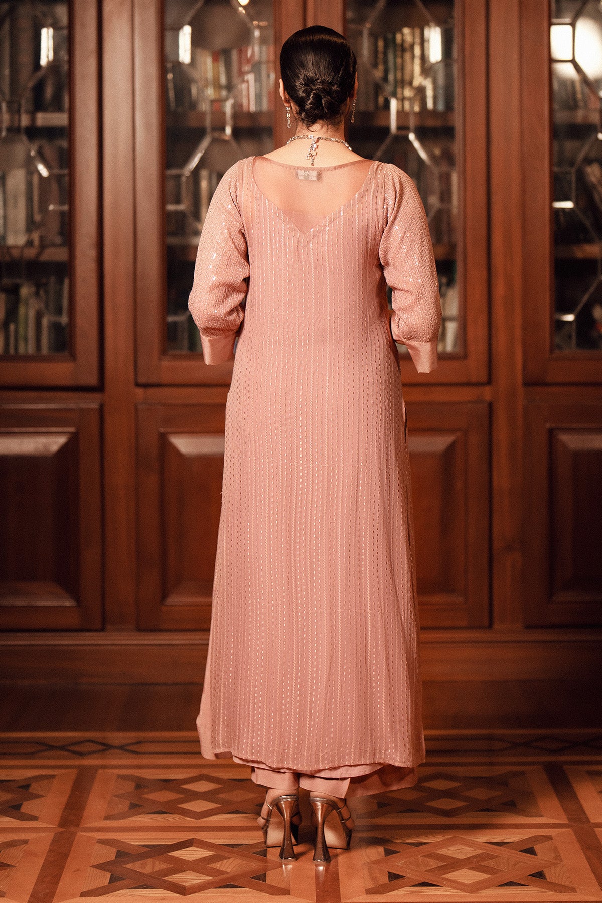 Pakistani Mocha Mousse Embellished Sequin Chiffon Salwar Kameez (2-Piece) - Image 4