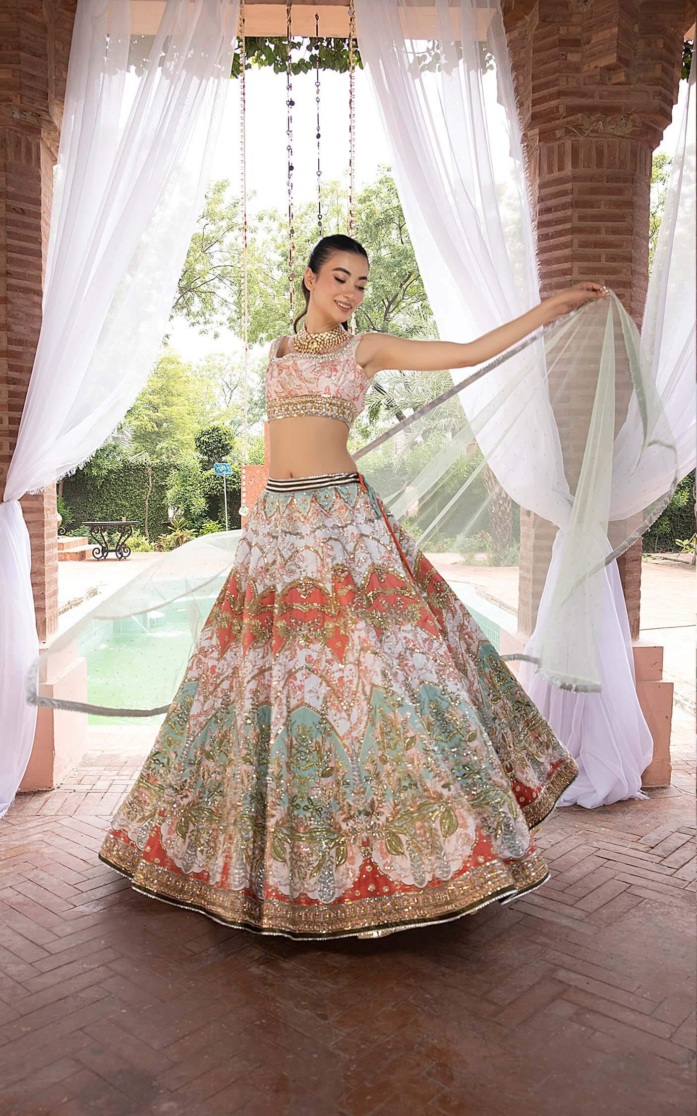 Multi-Colour Embroidered Silk-Blend Lehenga Choli (3-Piece) - Image 3