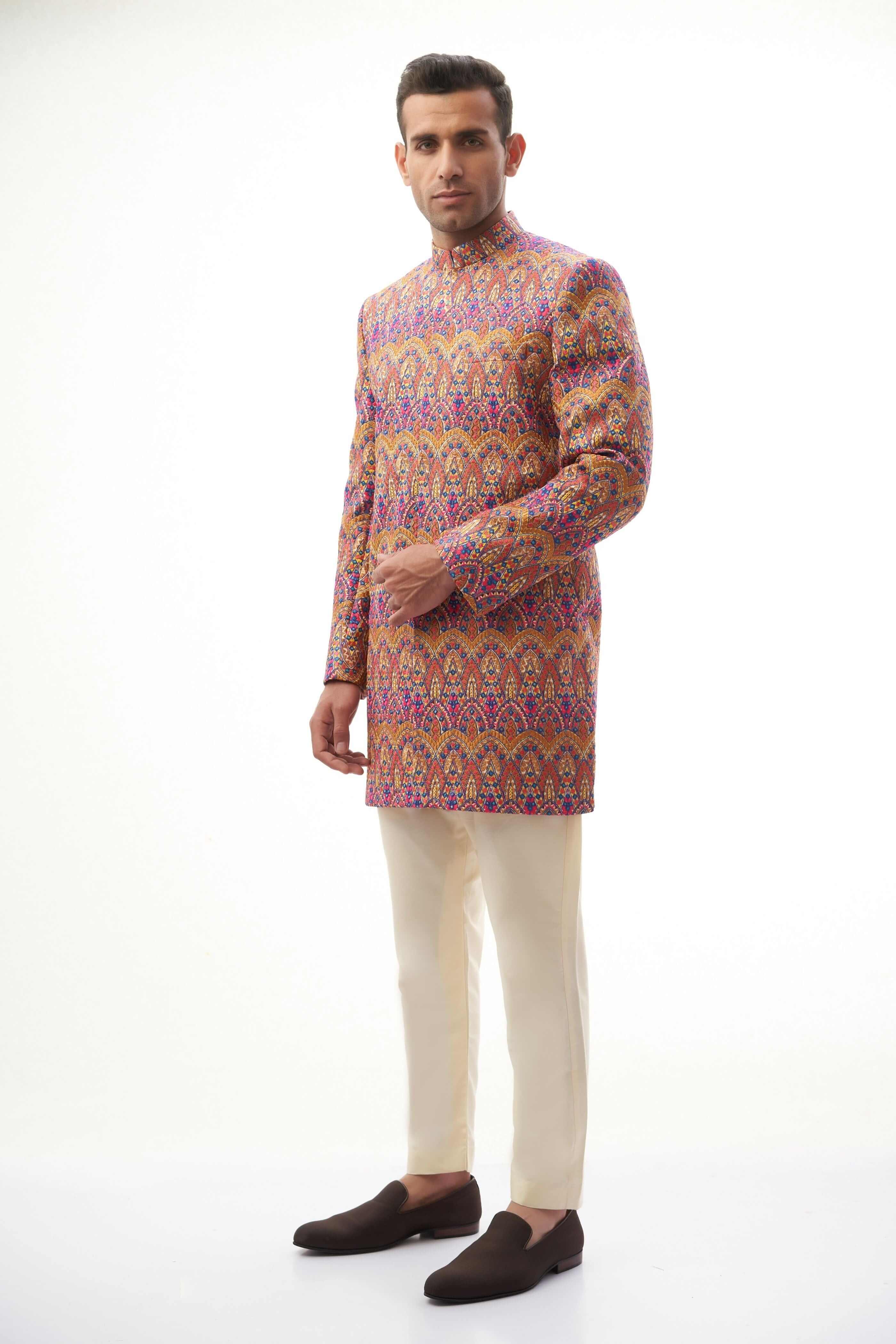 Multi-Coloured Resham Embroidered Silk-Blend Sherwani (2-Piece) - Image 1
