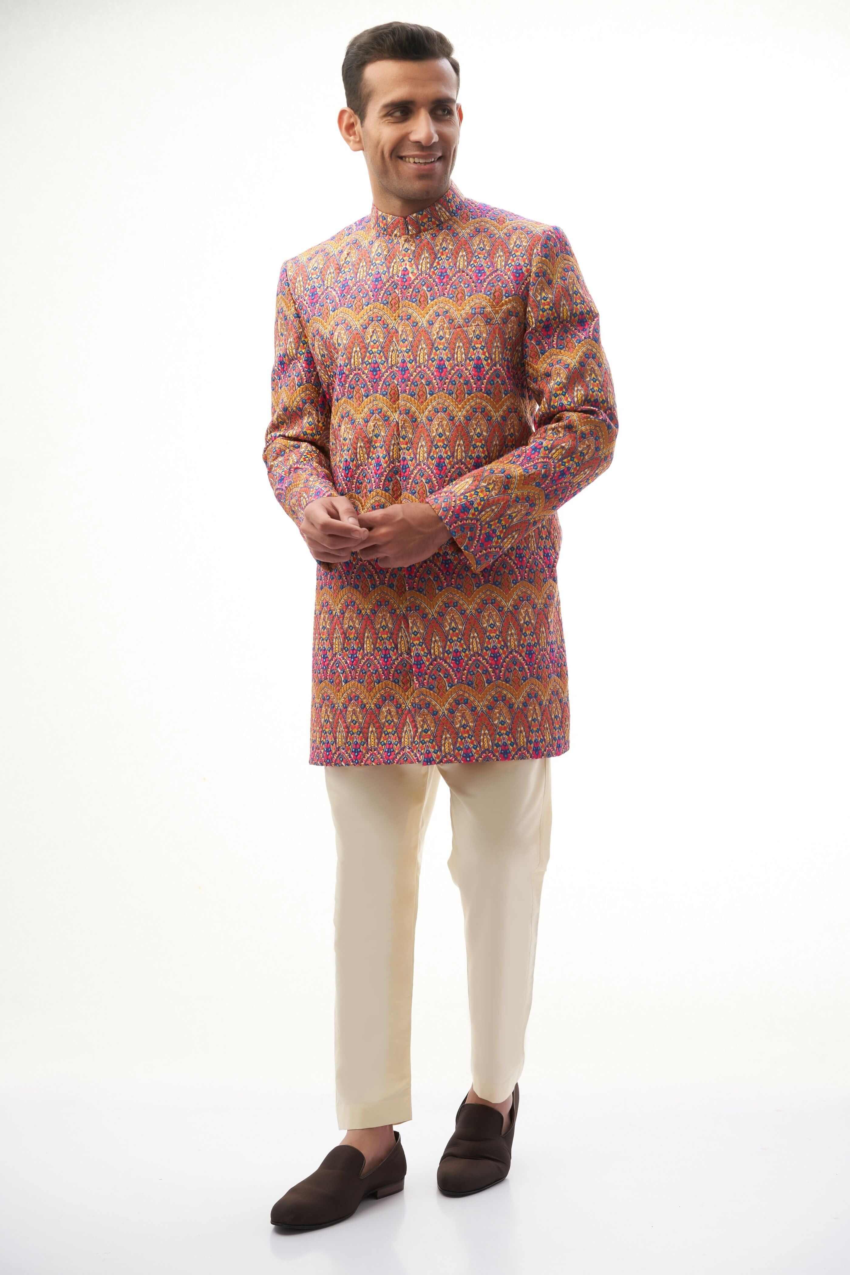 Multi-Coloured Resham Embroidered Silk-Blend Sherwani (2-Piece) - Image 2