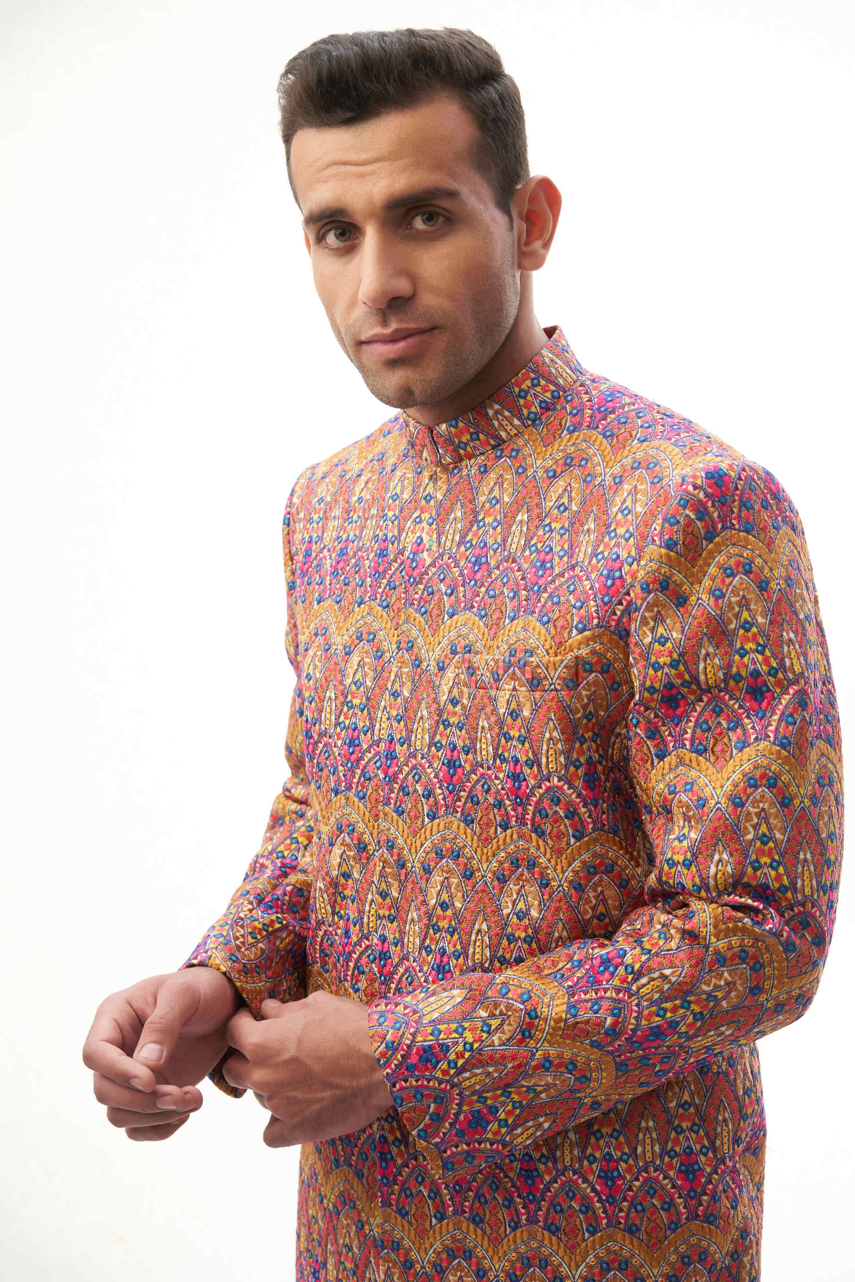 Multi-Coloured Resham Embroidered Silk-Blend Sherwani (2-Piece) - Image 4