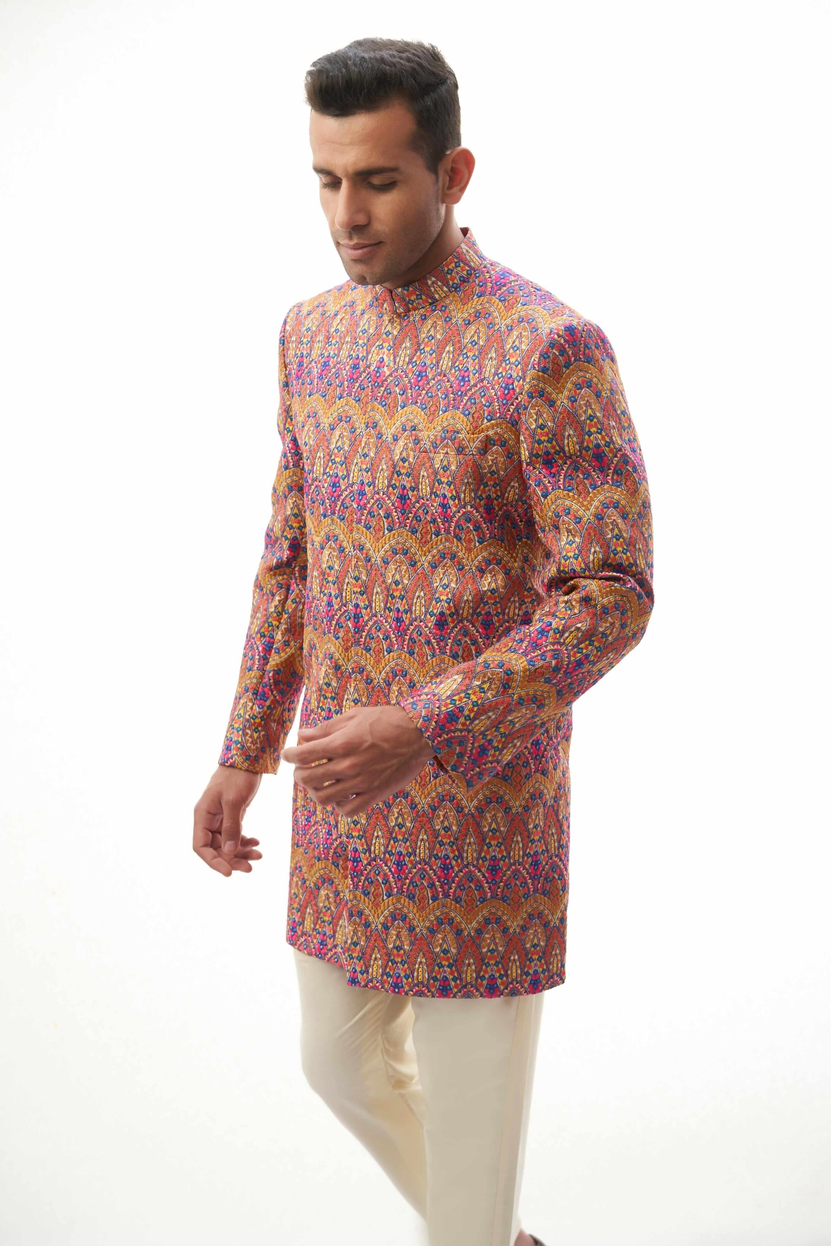Multi-Coloured Resham Embroidered Silk-Blend Sherwani (2-Piece) - Image 5