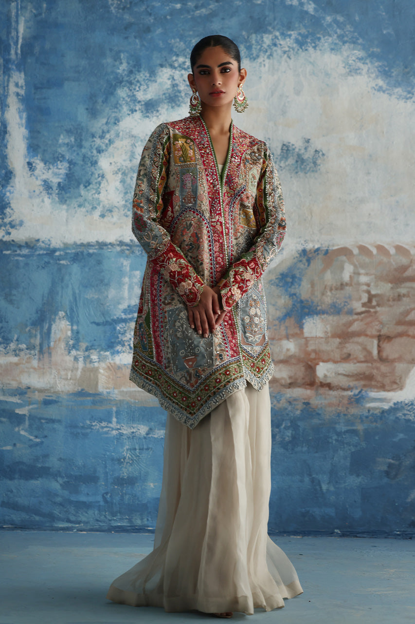 Multicolour Mughal-Embroidered Raw Silk Jacket Set (3-Piece) - Image 1