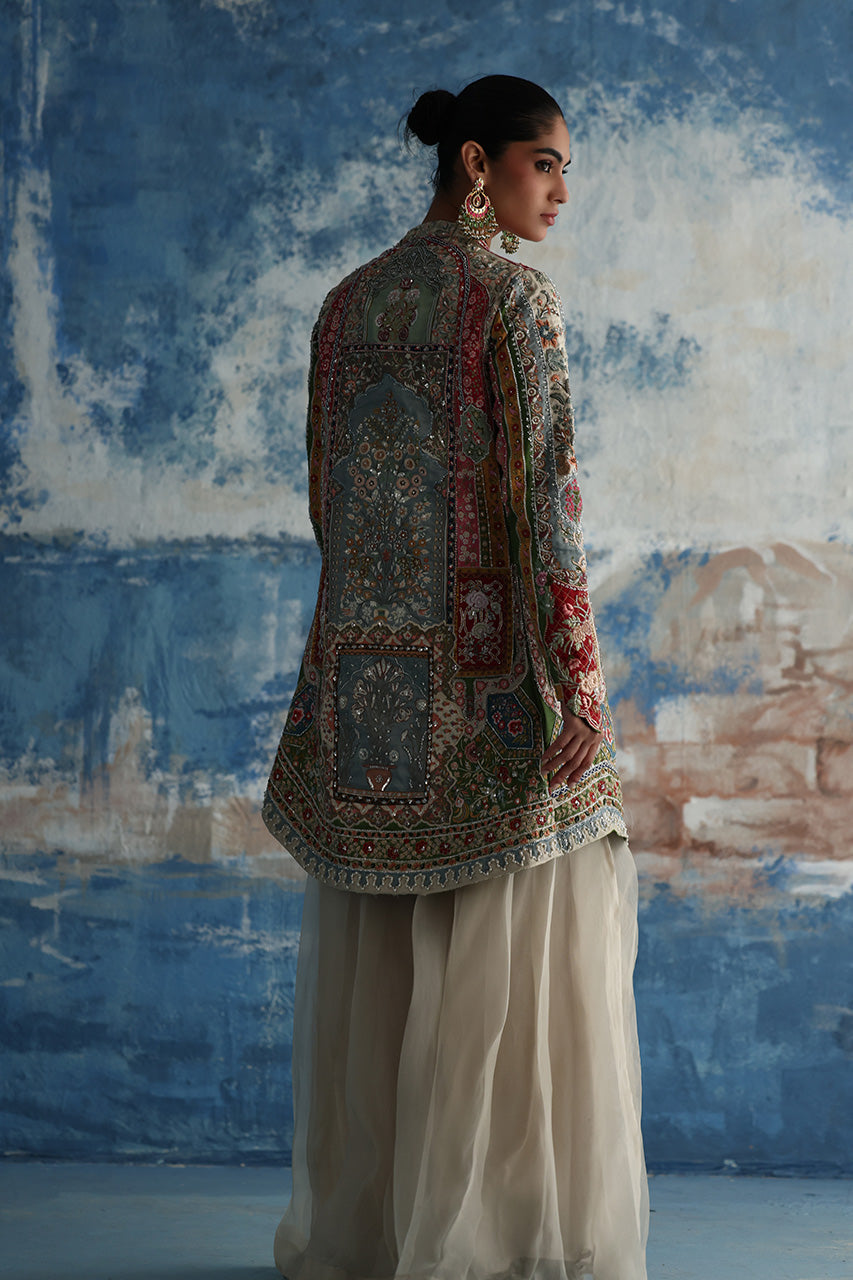 Multicolour Mughal-Embroidered Raw Silk Jacket Set (3-Piece) - Image 2