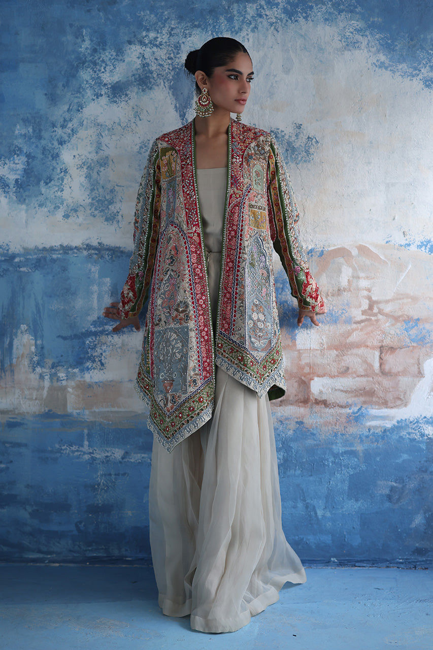 Multicolour Mughal-Embroidered Raw Silk Jacket Set (3-Piece) - Image 3