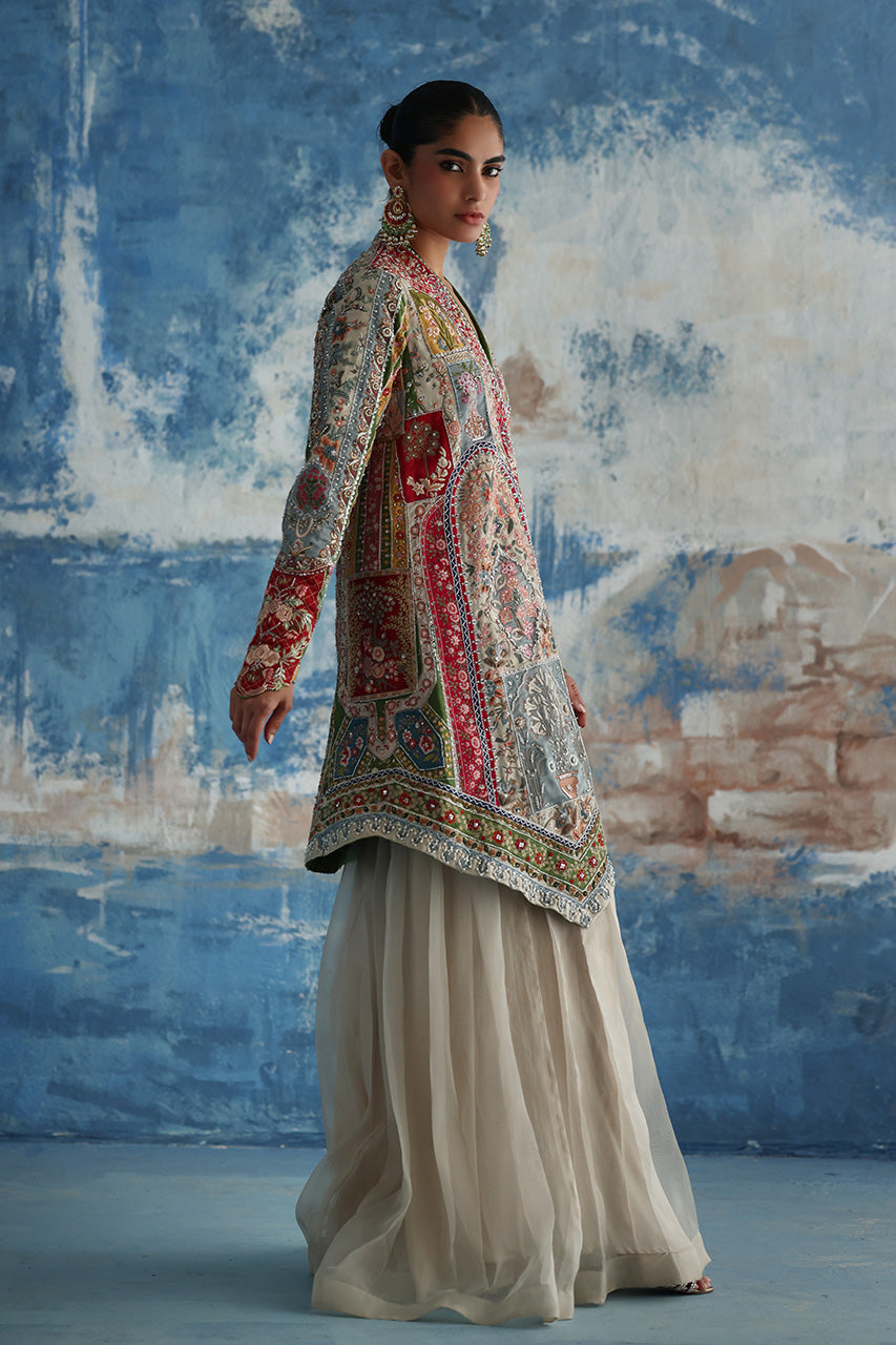 Multicolour Mughal-Embroidered Raw Silk Jacket Set (3-Piece) - Image 4