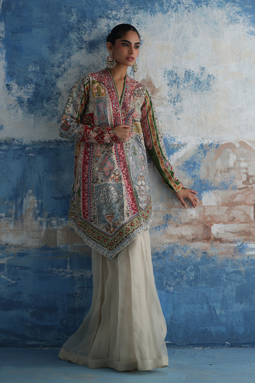 Multicolour Mughal-Embroidered Raw Silk Jacket Set (3-Piece) - Image 5