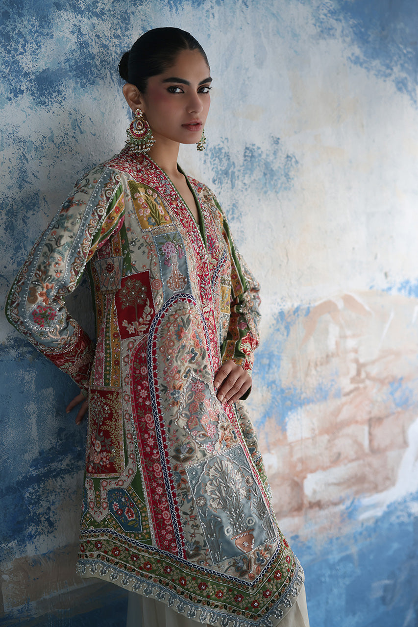 Multicolour Mughal-Embroidered Raw Silk Jacket Set (3-Piece) - Image 6