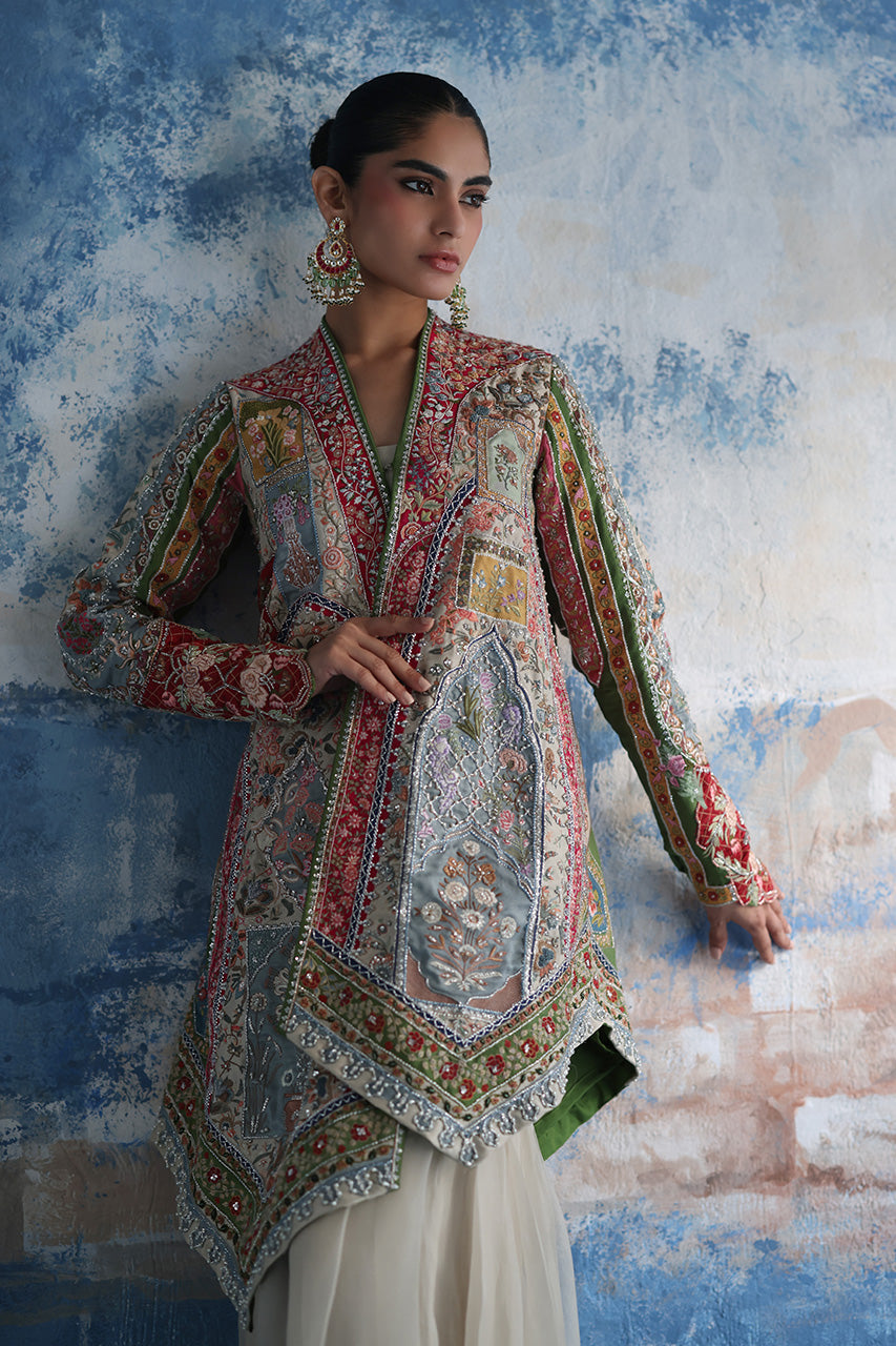 Multicolour Mughal-Embroidered Raw Silk Jacket Set (3-Piece) - Image 7