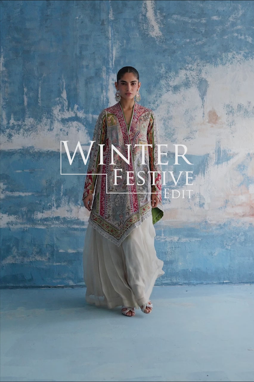 Multicolour Mughal-Embroidered Raw Silk Jacket Set (3-Piece) - Image 8