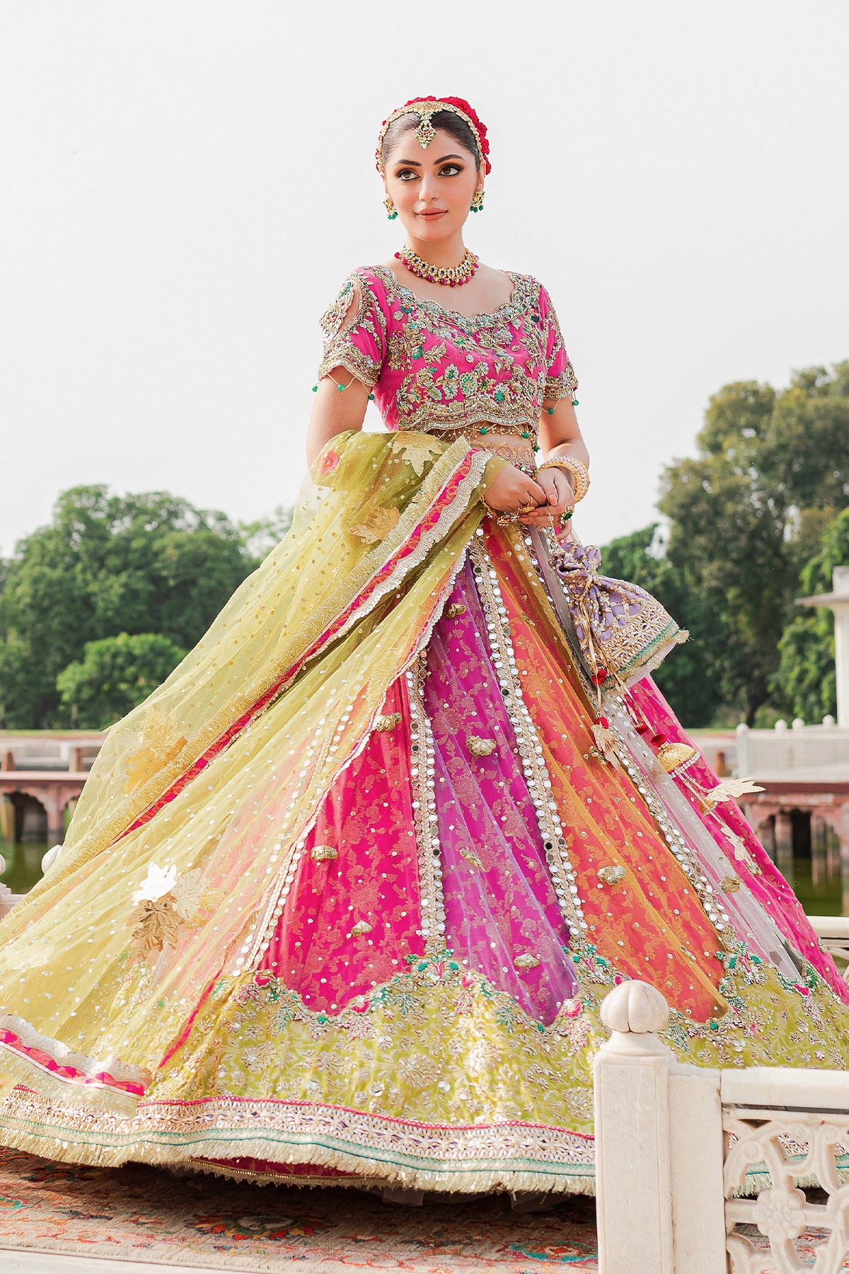 Multi-Colour Embellished Net & Jamawar Lehenga (3-Piece) - Image 7