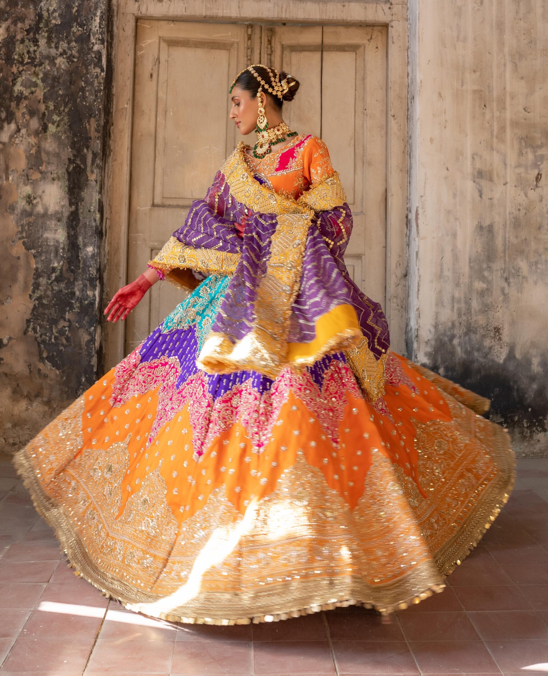 Multicolour Hand Embellished Silk Lehenga (3-Piece) - Image 1