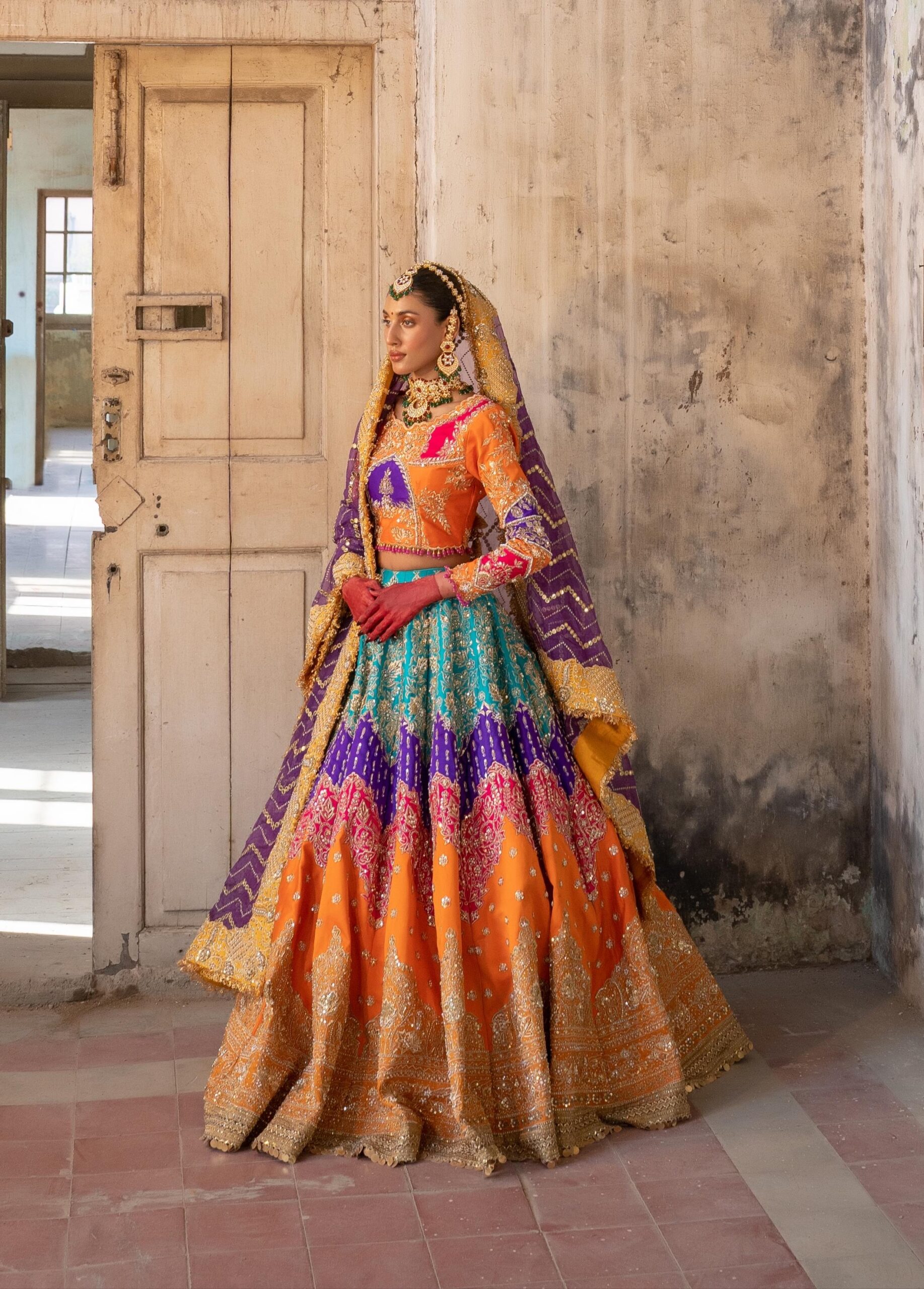 Multicolour Hand Embellished Silk Lehenga (3-Piece) - Image 2