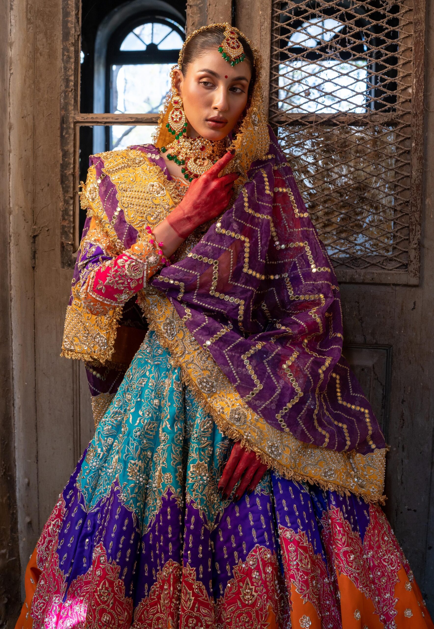 Multicolour Hand Embellished Silk Lehenga (3-Piece) - Image 3