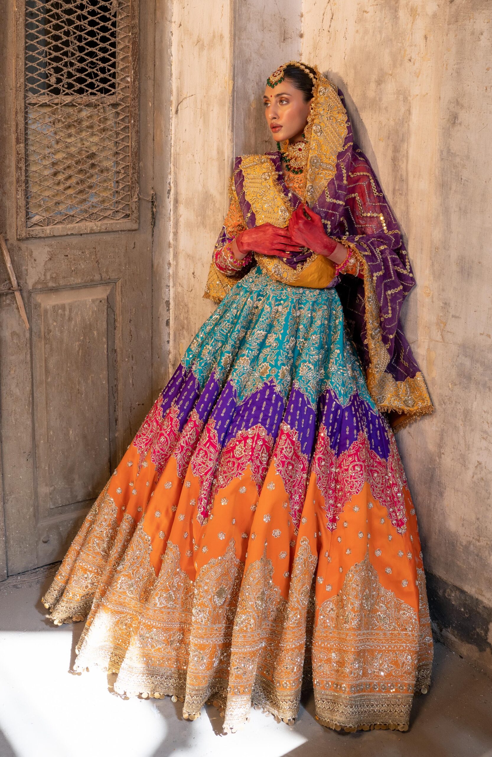 Multicolour Hand Embellished Silk Lehenga (3-Piece) - Image 4