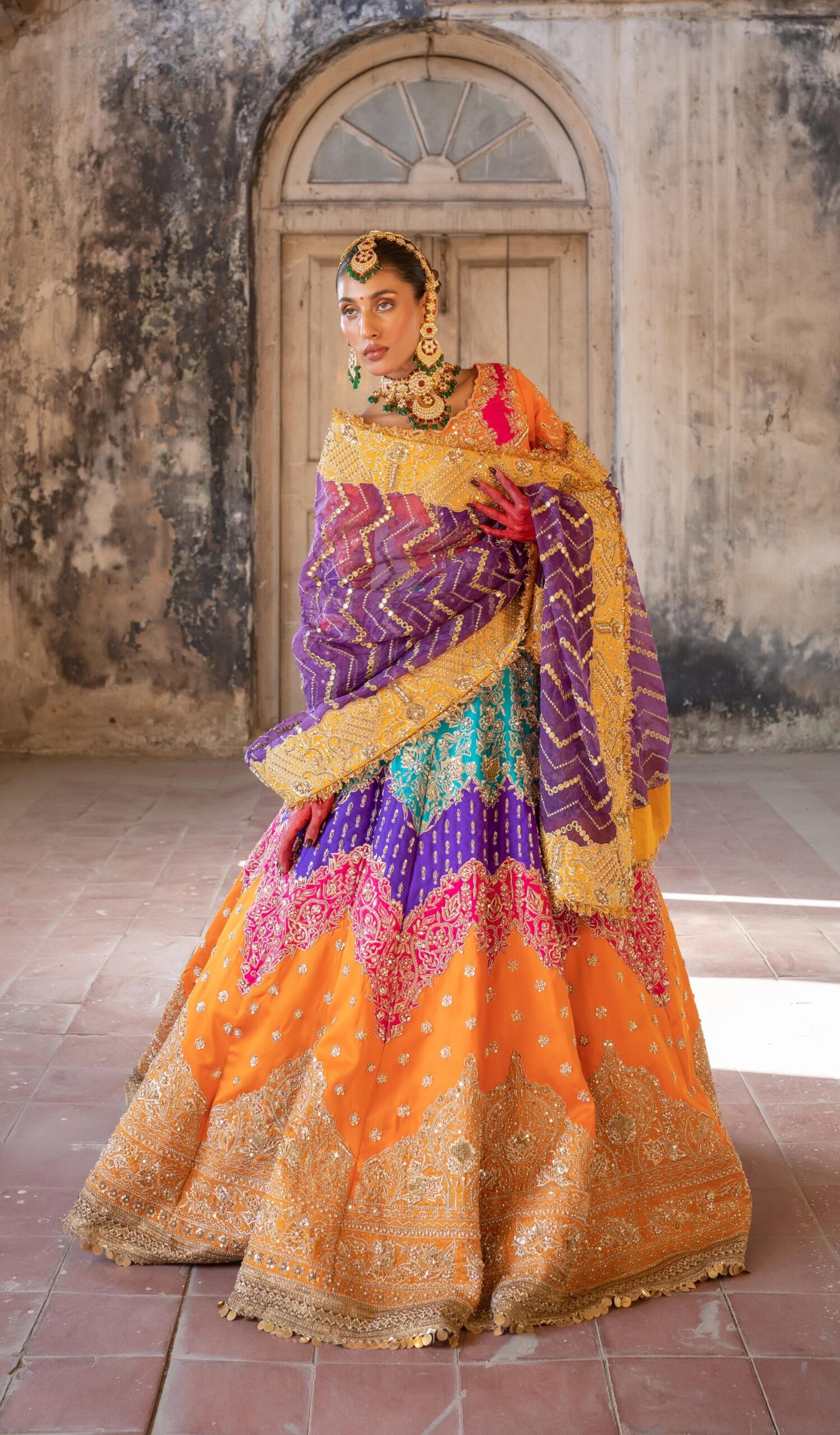 Multicolour Hand Embellished Silk Lehenga (3-Piece) - Image 5