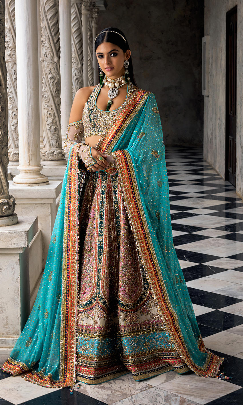 Multi-Colour Embellished Raw Silk Bridal Lehenga (3-Piece) - Image 1