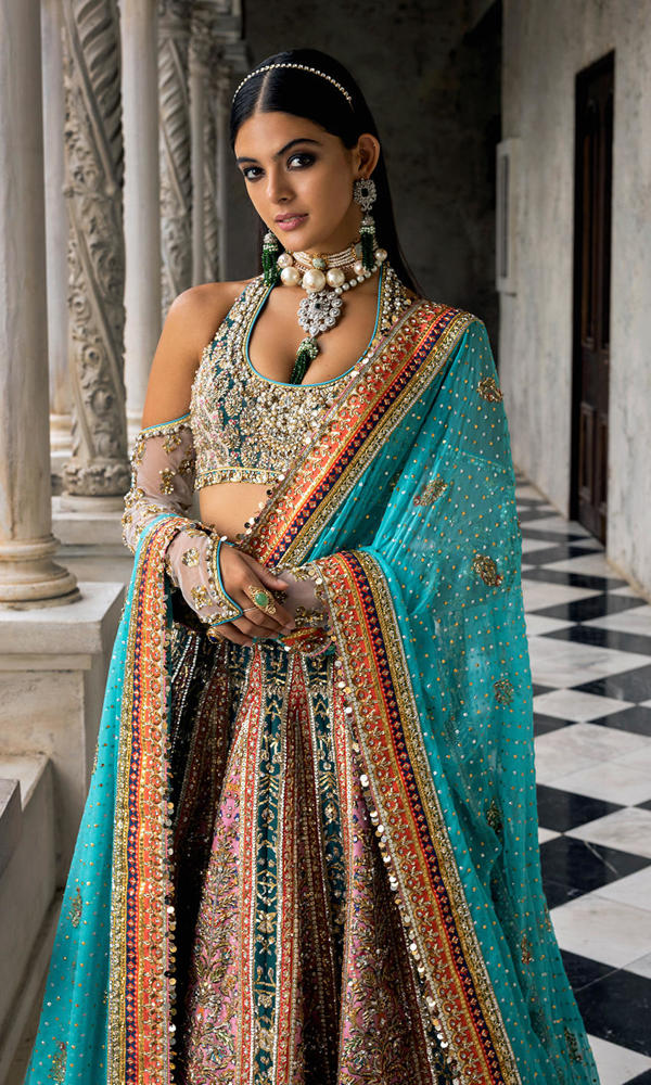 Multi-Colour Embellished Raw Silk Bridal Lehenga (3-Piece) - Image 3