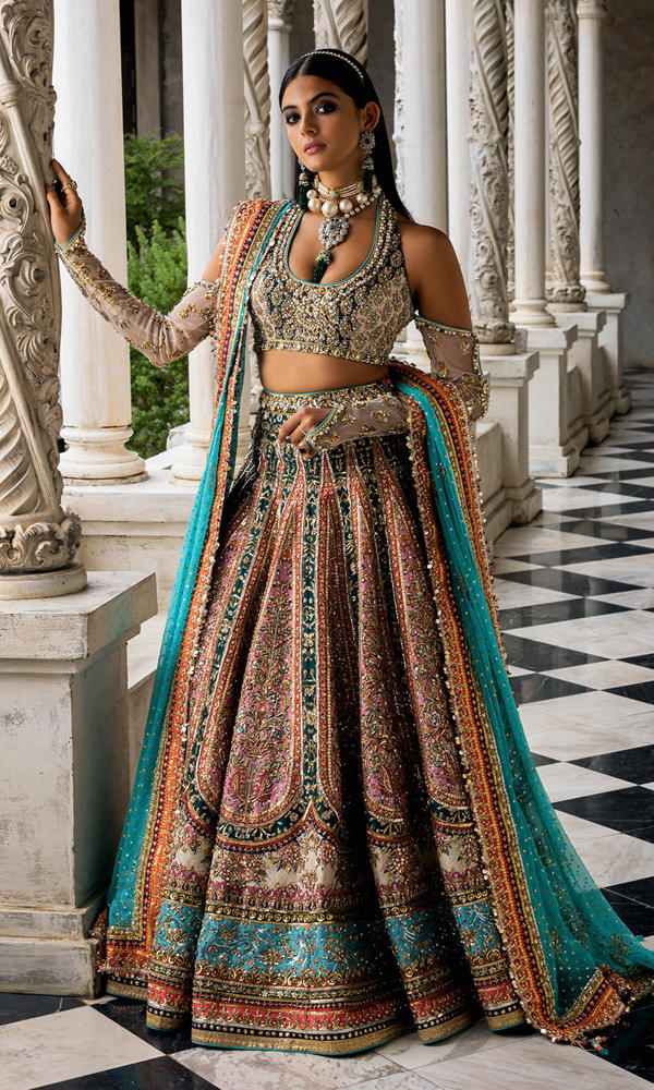 Multi-Colour Embellished Raw Silk Bridal Lehenga (3-Piece) - Image 5