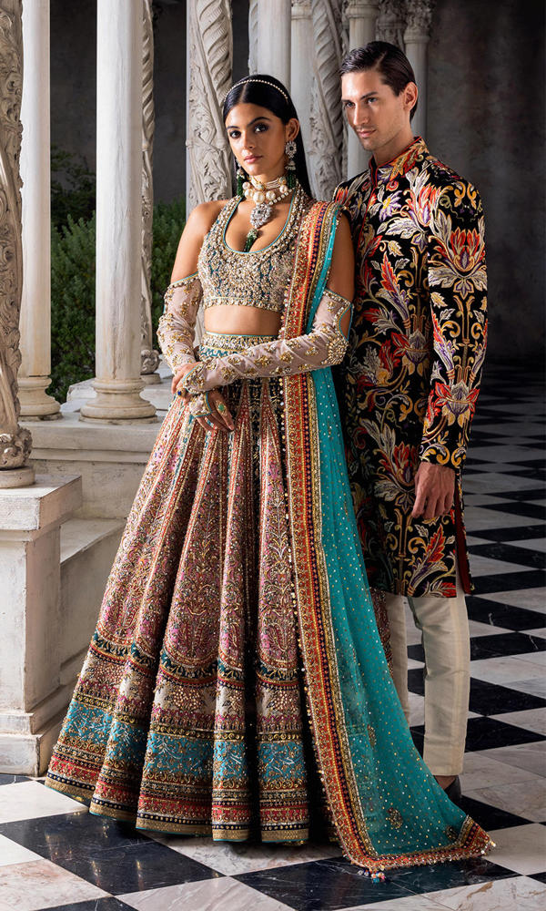 Multi-Colour Embellished Raw Silk Bridal Lehenga (3-Piece) - Image 6